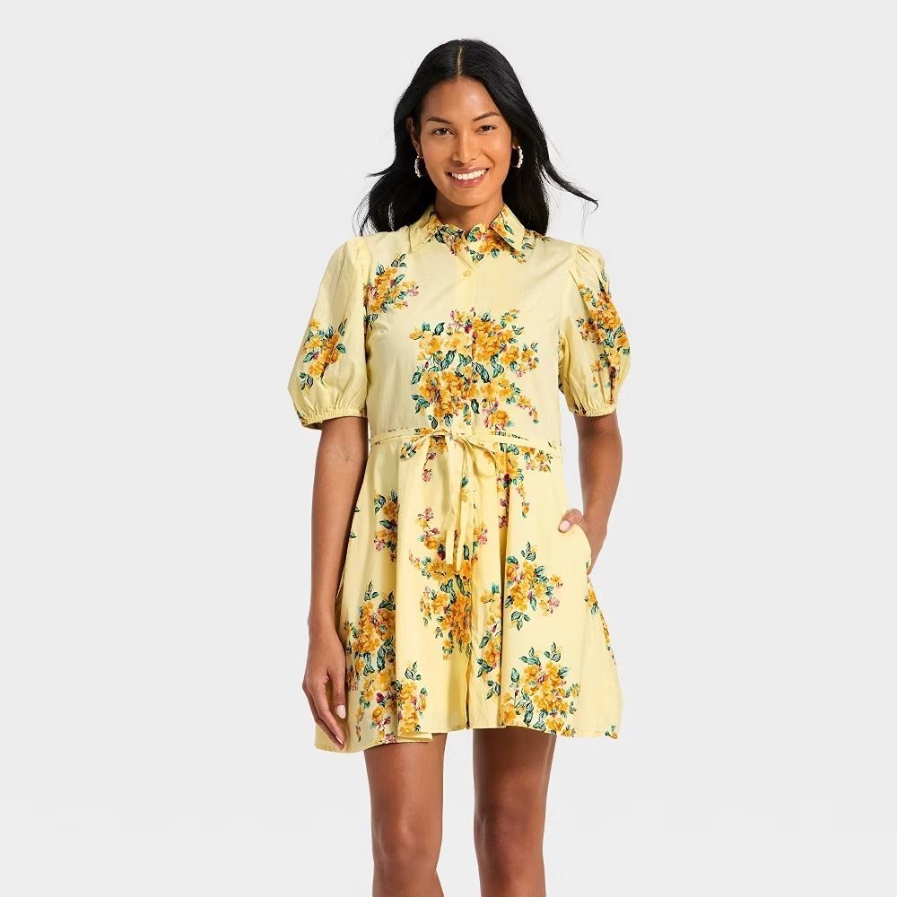 A New Day Puff Sleeve Mini Shirtdress - Yellow Floral - Womens XS - NEW